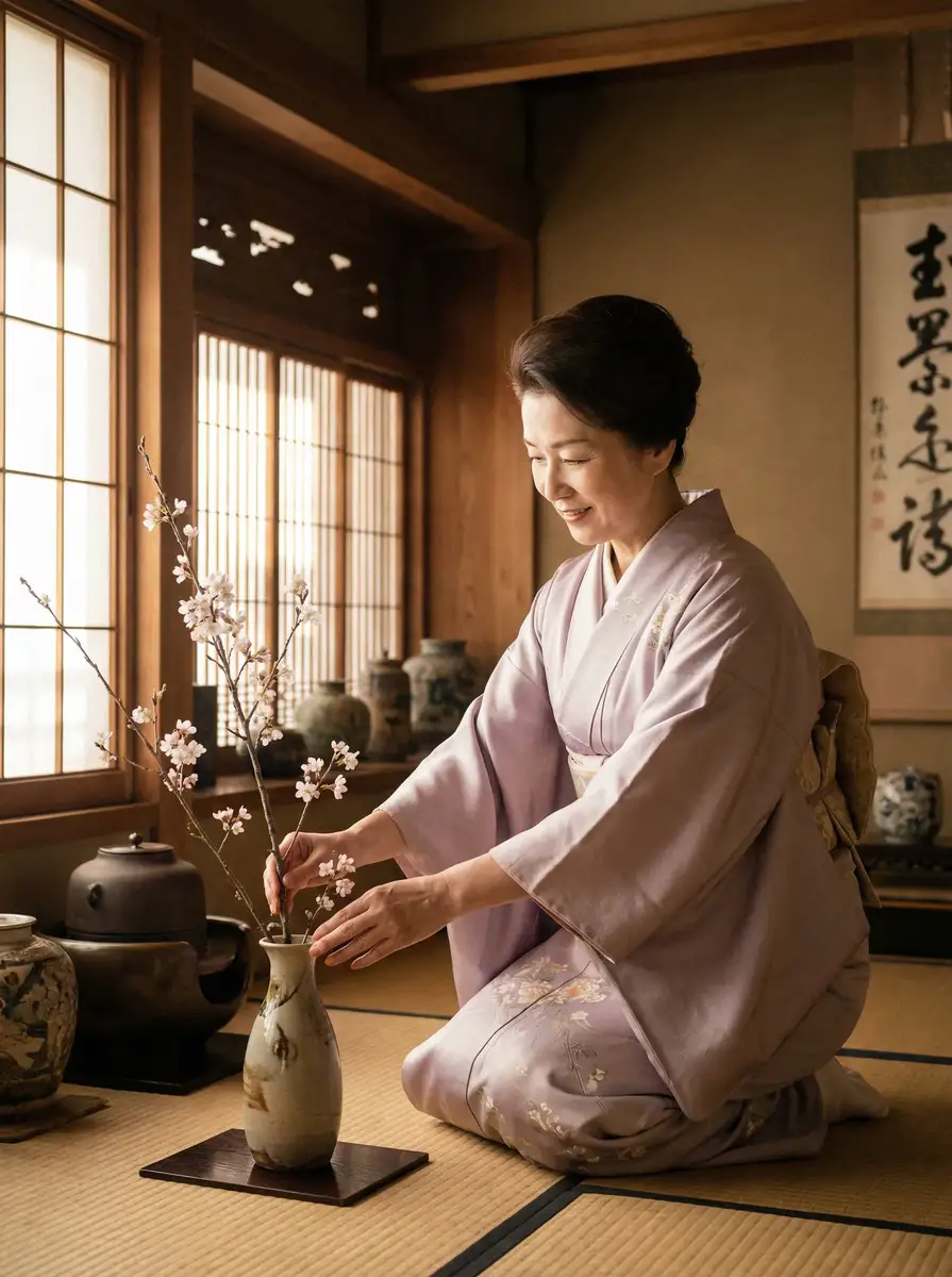 一位优雅的 [日本视频]日本视频官方网站_真实可靠日本视频自媒体 在和室中插花